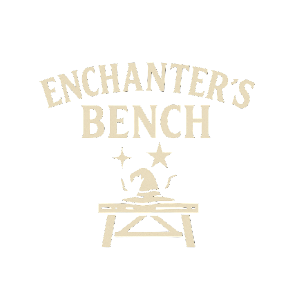 Enchanter’s Bench crest logo: wizard hat on a bench with sparkles
